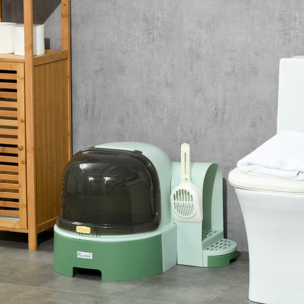 English Elm PawHut Space Capsule Covered Cat Litter Box with Removable Tray, Front Door Access & Odor Control Green W2225P229423