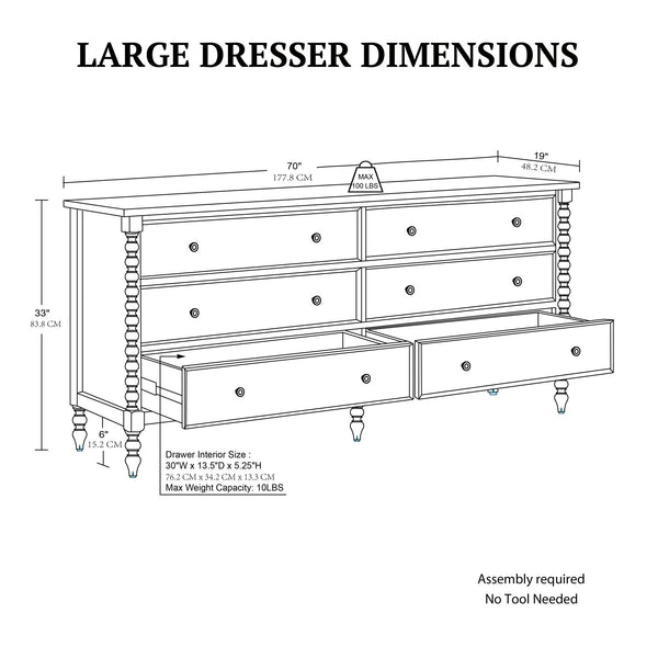 JLA Home Madison Park Signature - Large Dresser with Six Smooth-Glide Drawers, Velvet-Lined Boxes, Solid Spindle Legs, Metal Knobs, Anti-Tip Safety and 70" Width for Versatile Home Storage Antique Cream MPS137-0324