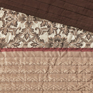 JLA Home Madison Park - 5 Piece Reversible Jacquard Quilt Set with Chocolate Brown Leaf, Stripe & Medallion Motifs, Luxury Texture Red MP13-615