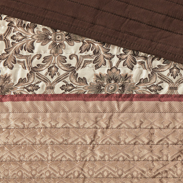 JLA Home Madison Park - 5 Reversible Jacquard Quilt Set with Chocolate Base, Leaf & Medallion Motifs, Pleated Embroidered Pillows Red MP13-616