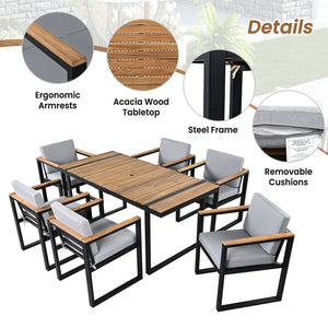 English Elm 7 Piece Outdoor Dining Set with Acacia Wood & Steel Frame, Water-Resistant Cushions, Umbrella Hole Grey N719Z000140E