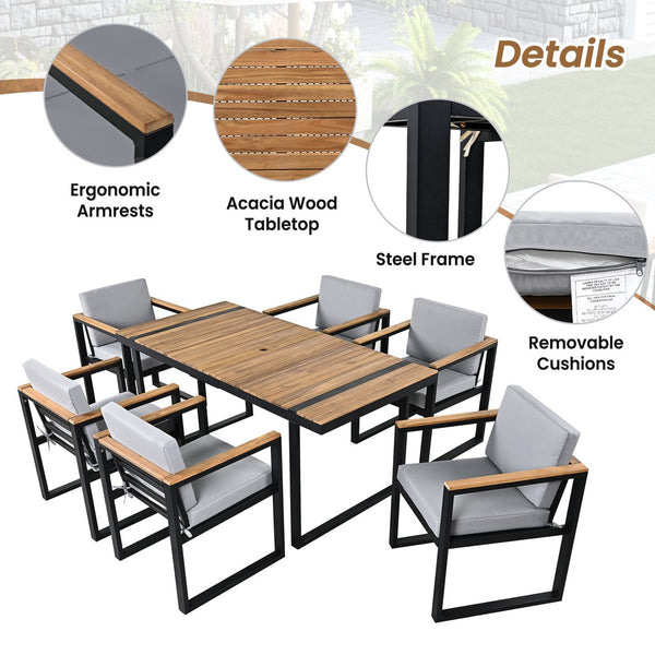 English Elm 7 Piece Outdoor Dining Set with Acacia Wood & Steel Frame, Water-Resistant Cushions, Umbrella Hole Grey N719Z000140E