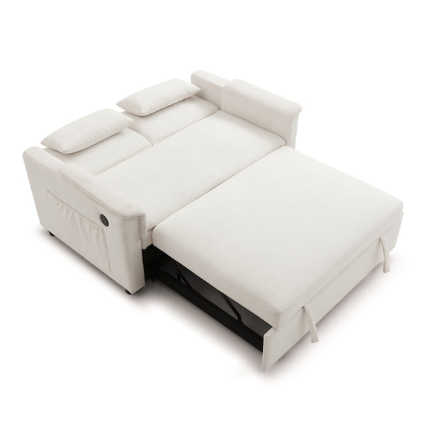 English Elm 55" Velvet Two Seater Pull Out Sofa Bed with USB Ports, Side Pockets, Adjustable Backrest, Compact Lounger Beige W2677P288322