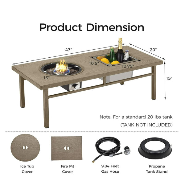 English Elm 47" Outdoor Aluminum Fire Pit Table 50000 Btu Propane with Ice Bucket Station Beige B082P454968
