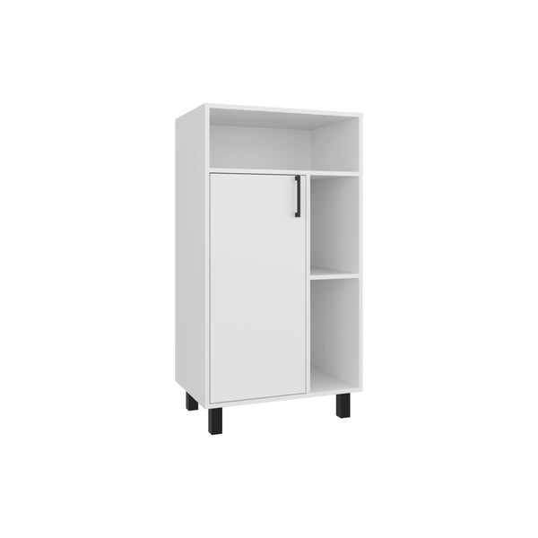 English Elm Bryce Compact Base Cabinet with Door, Open Shelves & Top Display in Kronos White — Durable MDF Storage B200P335361