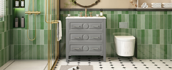 English Elm 30'' Bathroom Vanity with Ceramic Sink, Solid Wood Frame Retro Style Vanity with 3 Drawers & Gold Handles Gray N710P246209E