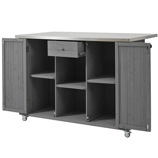 English Elm Outdoor Kitchen Island Solid Fir Wood with Foldable Stainless Top, Ample Storage, Wheels, Opener Grey N719P246553R