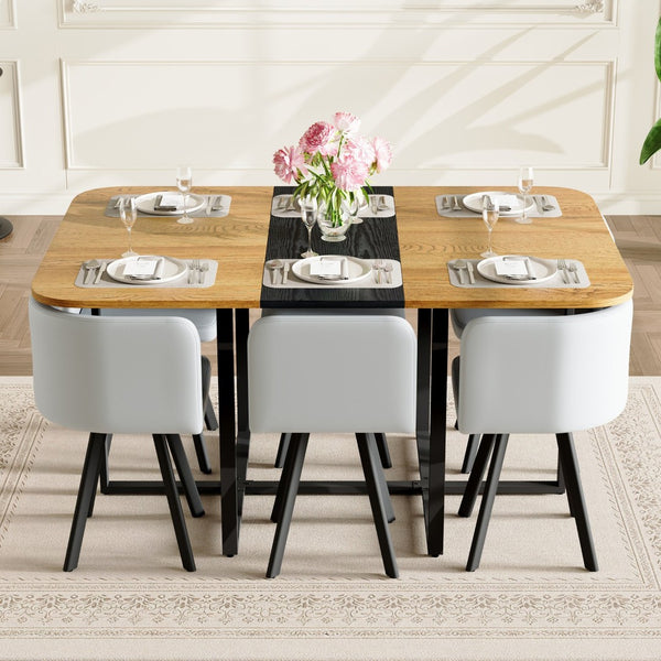 English Elm 7-piece Modern Dining Set Seats Six with Two-tone Wood Table and Gray Pu Chairs W3875S00126