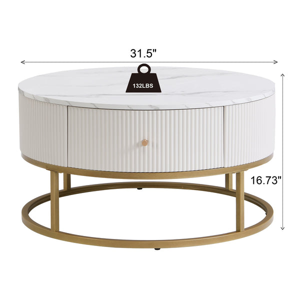 English Elm 31.5 Round Modern Coffee Table with Drawers, Faux Marble Top, Sturdy Metal Frame & Storage Durable Design W821P281502