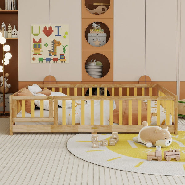 English Elm Full Size Floor Bed With Safety Guardrails, Eco-Friendly Rubber Wood, Minimalist Design & Easy Access W504P286380