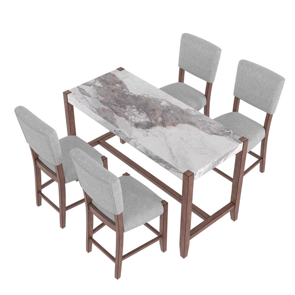 English Elm 5-Piece Counter Height Dining Set with Faux Marble Top and Upholstered Seats, Mid-Century Pub Charm White+gray N752S000086E
