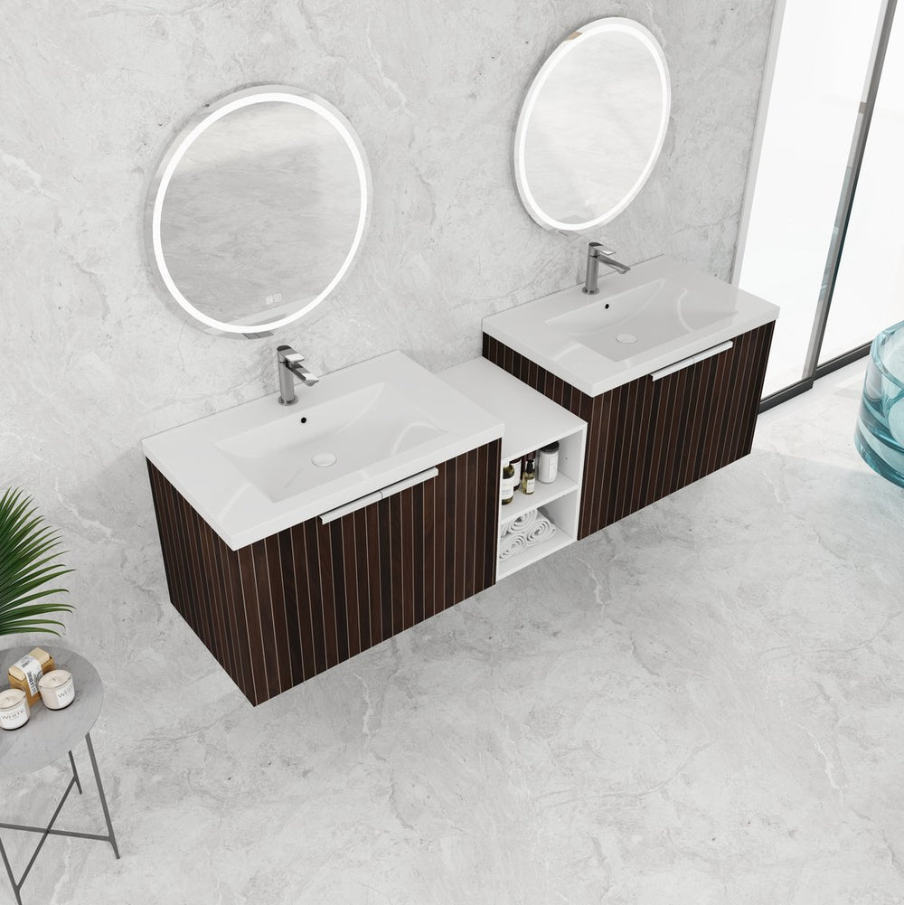 English Elm 72 Inch Soft Close Vanity with Resin Sink & Small Shelves, Wall-Mounted 72" Dual-Door Storage, Eco Plywood Finish W999S00261