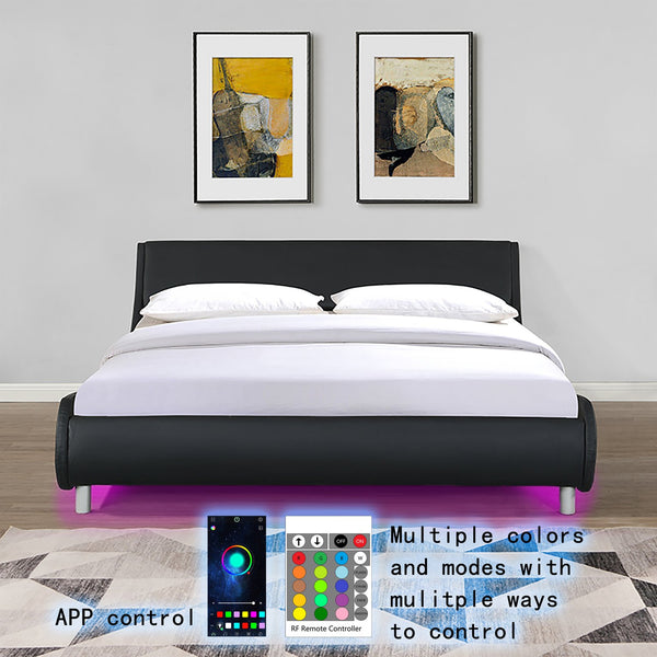 English Elm Faux Leather Platform Bed with RGB LED Lights, App & Remote, Curved Headboard, Wood Slats, Queen W2297P380527