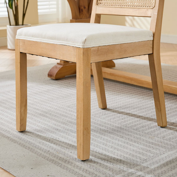 English Elm Farmhouse Rattan Dining Chairs Set of 2 with Linen Upholstery, Cane Back & Solid Wood Frame, Comfortable Beige W1143P332689