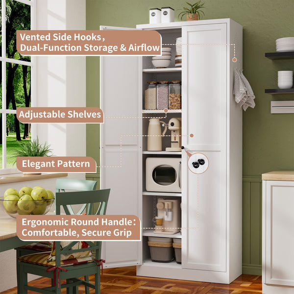 English Elm 72" Metal Pantry Cabinet White - Tool-Free 72" Freestanding Organizer, 5 Adjustable Shelves, 66lb/Shelf, Anti-Tip, Scratch-Resistant Quiet Doors T2398P350193