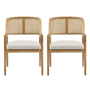 English Elm Mid-century Modern Dining Chairs Set of 2 Rattan Cane Back Rubberwood Upholstered Beige+Natural N768P411344N