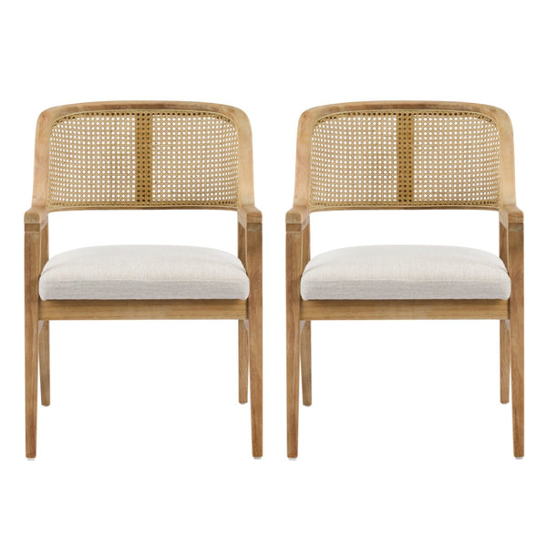 English Elm Mid-century Modern Dining Chairs Set of 2 Rattan Cane Back Rubberwood Upholstered Beige+Natural N768P411344N
