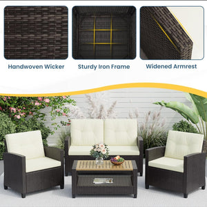 English Elm 4-piece Wicker Outdoor Conversation Set with Acacia Wood Table and Foam Cushions Beige+Brown B082S00061