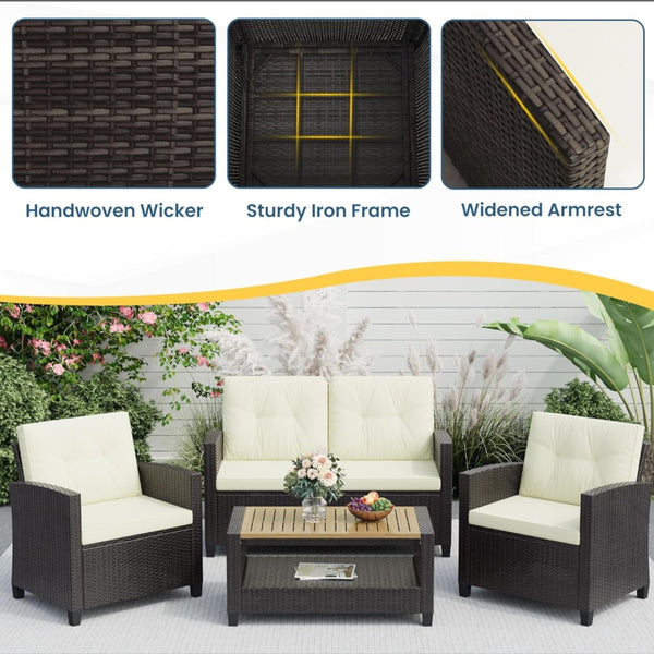 English Elm 4-piece Wicker Outdoor Conversation Set with Acacia Wood Table and Foam Cushions Beige+Brown B082S00061