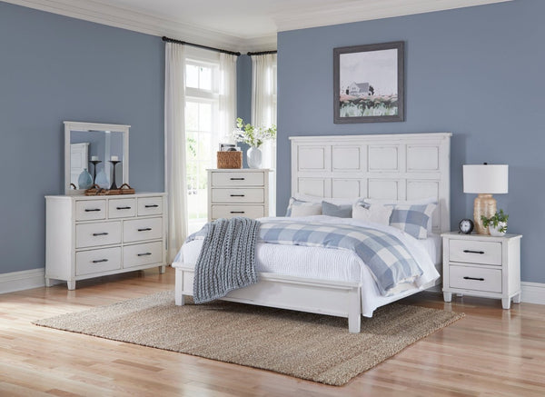 English Elm Antique White Panel King Bed Farmhouse Cottage Wood Frame with Picture Molding B011S01518