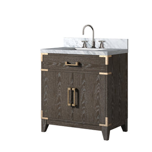 English Elm Brown Oak Single Bath Vanity With Carrara Marble Top, Chrome Faucet Set – Elegant Storage Solution! B2731P259758