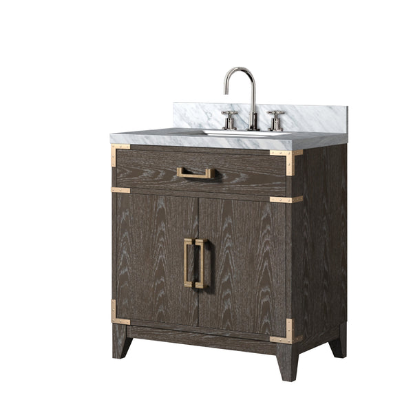English Elm Brown Oak Single Bath Vanity With Carrara Marble Top, Chrome Faucet Set – Elegant Storage Solution! B2731P259758
