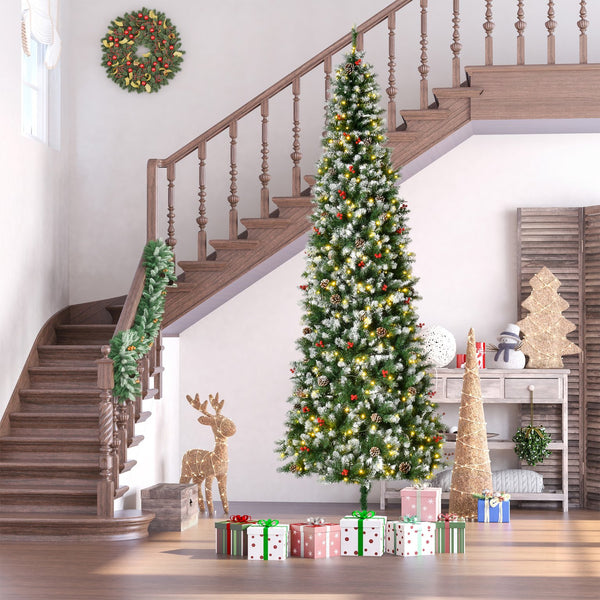 English Elm Homcom 9Ft Pre-Lit Snow-Dipped Christmas Tree With 460 Led Lights, Pine Cones, Berries & More! W2225P229460