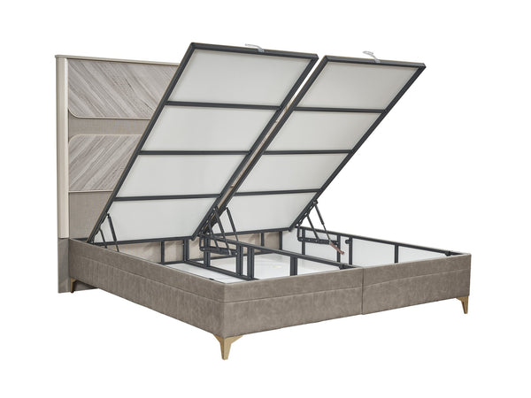 English Elm Eternity Queen Size Bed With Gold Accents, Eucalyptus Veneer, Hydraulic Lift Storage & Elegance B009S01868