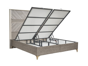 English Elm Eternity King Size Bed With Hydraulic Lift Storage, Gold Accents & Eucalyptus Veneer Finish B009S01869