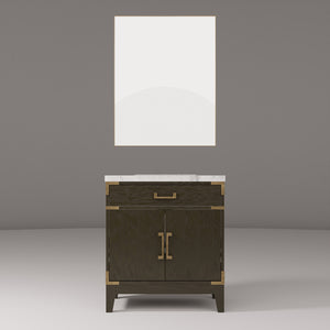 English Elm Brown Oak Single Bath Vanity With Carrara Marble Top & Matching Mirror - Elegant Storage Solution B2731S01453