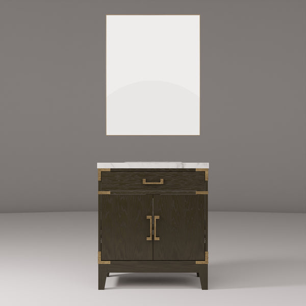 English Elm Brown Oak Single Bath Vanity With Carrara Marble Top & Matching Mirror - Elegant Storage Solution B2731S01453