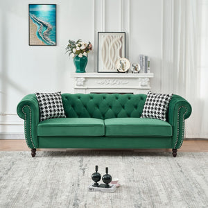 English Elm 85"chesterfield Velvet Sofa Tufted Roll Arms Nailhead Trim Mid-century 3 Seat Green W3373S00065