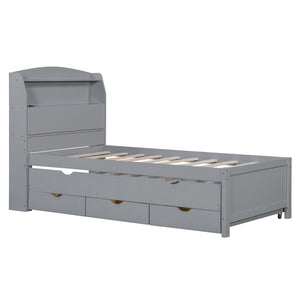 English Elm Twin LED Platform Bed with Trundle and Under-Storage Drawers, Flip-Up Headboard, USB Ports Gray N820S10008E