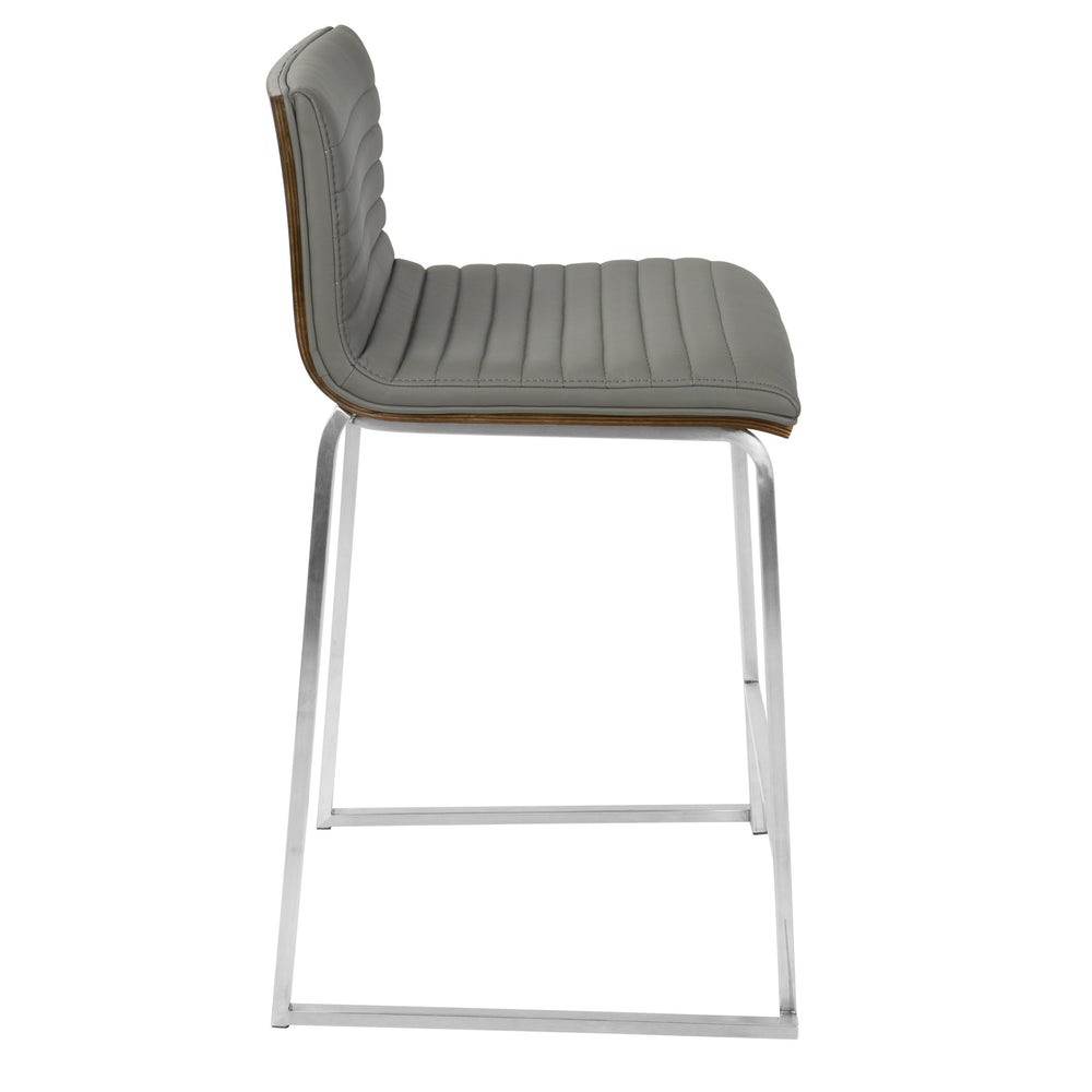 English Elm Mara 26" Contemporary Counter Stool Set of 2 – Tufted Grey Faux Leather, Walnut Back, Brushed Steel Curved Legs B202P222389