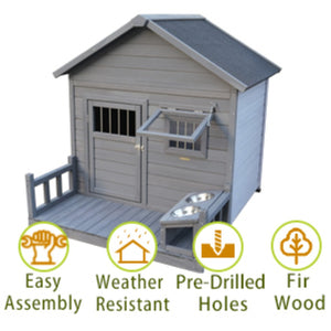 English Elm Large Breed Outdoor Doghouse Solid Fir Wood Covered Porch Weatherproof Asphalt Roof W1431S00010