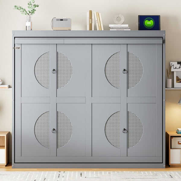 English Elm Full Size Murphy Wall Bed with Rattan Panel Cabinet for Studio and Guest Rooms Gray N708S00011E-1