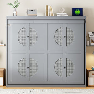 English Elm Full Size Murphy Wall Bed with Rattan Panel Cabinet for Studio and Guest Rooms Gray N708S00011E-2