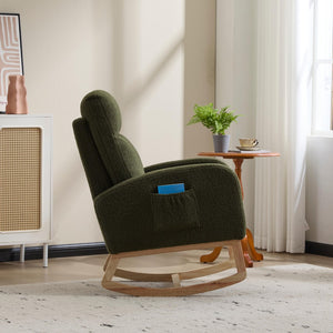 English Elm Modern Upholstered Glider Rocker with Teddy Fabric High Back and Rubberwood Base Green W3723P409071
