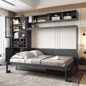 English Elm Full Size Murphy Wall Bed with Linen Sofa Shelving Usb Charging and Built-in Light LP000763AAE