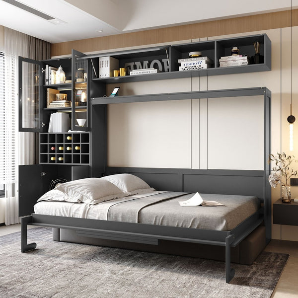 English Elm Full Size Murphy Wall Bed with Linen Sofa Shelving Usb Charging and Built-in Light LP000763AAE