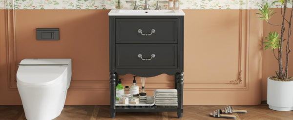 English Elm 24'' Vintage Bathroom Vanity with Ceramic Sink Soft Close Drawers Open Shelf Black N710P411237B