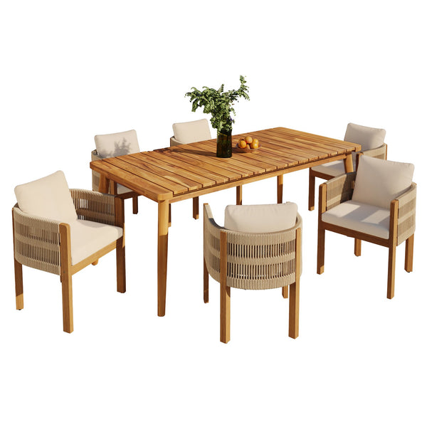 English Elm Christopher Knight Home® - Outdoor Dining Set with Acacia Wood Frame, 6 Chairs & Slatted 72" Table, Waterproof Washable Cushions Beige,Brown,Teak N779P266069N_N779P279983B-3