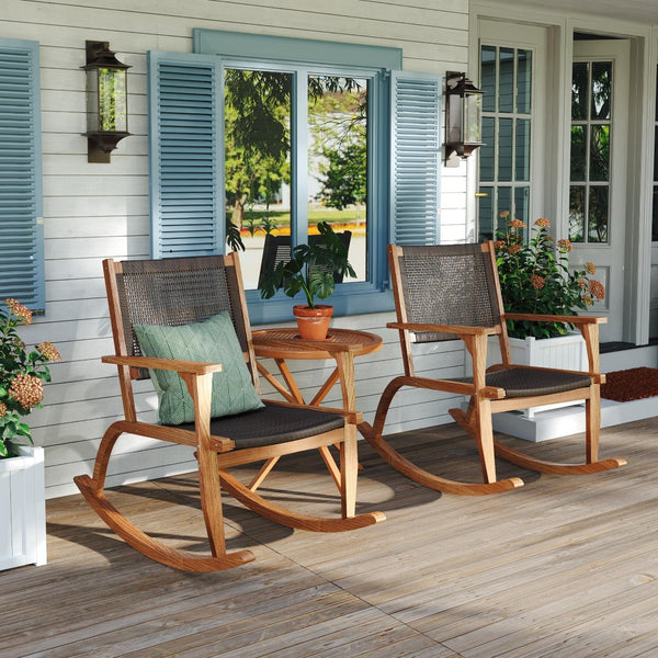 English Elm Go Acacia Wood Outdoor Rocking Chair Set Two Pe Wicker Seats for Patio Porch Dark Brown N704P245214D