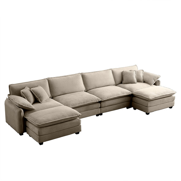 English Elm Over oversized U Shape Corduroy Sofa with Memory Foam Comfort, Modern Retro 4-Seater + Ottomans, Plush Upholstery Camel W714S00722