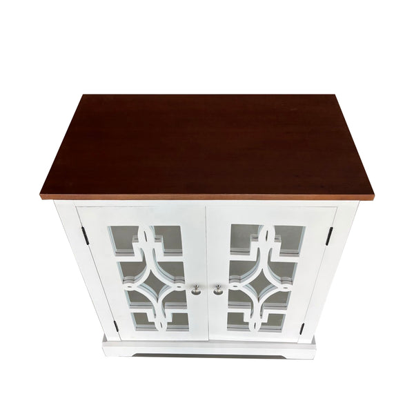 English Elm Logan Solid Wood Accent Cabinet with Mirror Door & Shelf, Mahogany Top, White Multi Finish — Durable Stylish Storage B091P341676