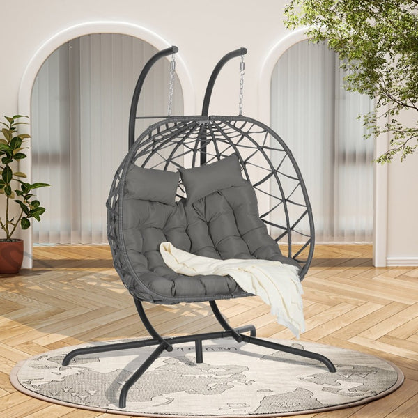 English Elm Double Hanging Egg Chair Wicker Freestanding Swing Seat for Patio Balcony Bedroom W874P270571