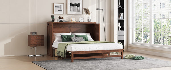 English Elm Murphy Cabinet Queen Bed Solid Pine Frame with Built-in Charging Station for Guest Rooms Walnut W504S00165