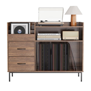 English Elm Record Player Stand with Vinyl Storage Mid-century Wood Console for Living Room T2398P438826