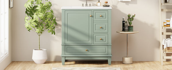 English Elm Christopher Knight Home® - 30" Freestanding Bathroom Vanity with Ceramic Sink, Soft-Close Door, Gold Knobs & 3 Drawers, Durable Painted Finish Light Green N759P225994G