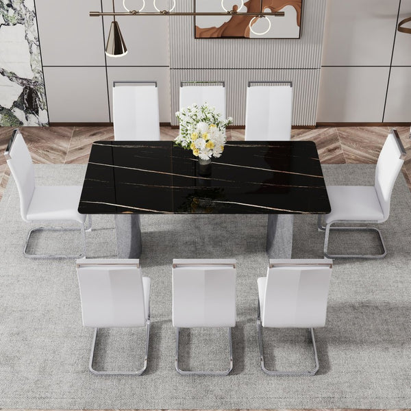 English Elm Table With Glass Top & 8 White Pu Chairs - Elegant Marble Pattern, Stainless Steel Legs, Easy Assembly W1151S02607-GIGA